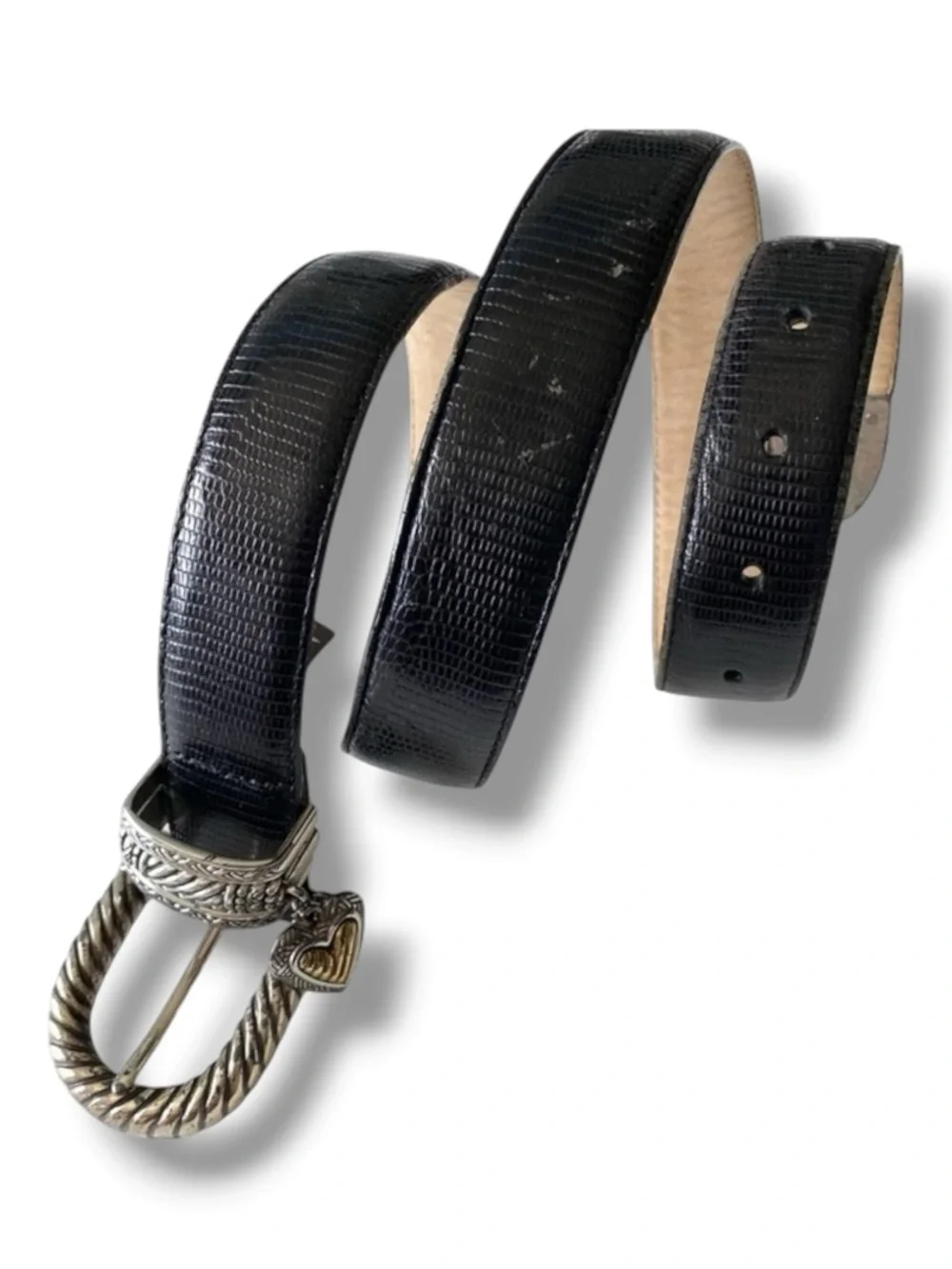 Vintage: Brighton ❤︎︎ Heart Charm Leather Belt ❤︎︎ Croc Embossed Two Tone Metal